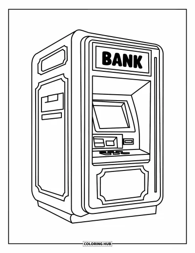 Coloriage de banque pour enfants : Un distributeur automatique rectangulaire avec un grand écran et un design joyeux
