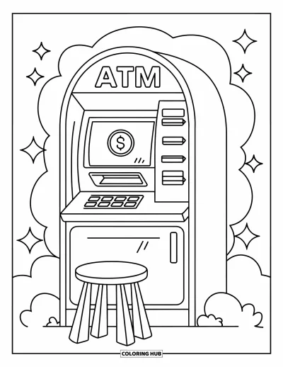 Coloriage de banque pour enfants : Un distributeur lumineux avec de grands boutons et un symbole de pièce souriant