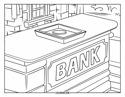 Coloriage de banque pour enfants : Un petit comptoir animé avec des pièces et une enseigne de banque