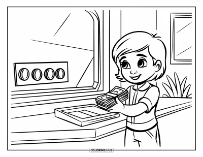 Coloriage de banque pour enfants : Un enfant qui tend joyeusement de l'argent à un guichetier de banque souriant