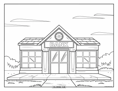 Coloriage de banque pour enfants : Un bâtiment de banque classique avec le mot « BANK » au-dessus de la porte