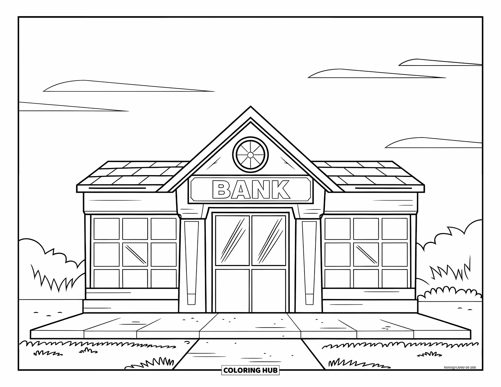 Bank Coloring Page for Kids: A classic bank building with the word ìBANKî above the door