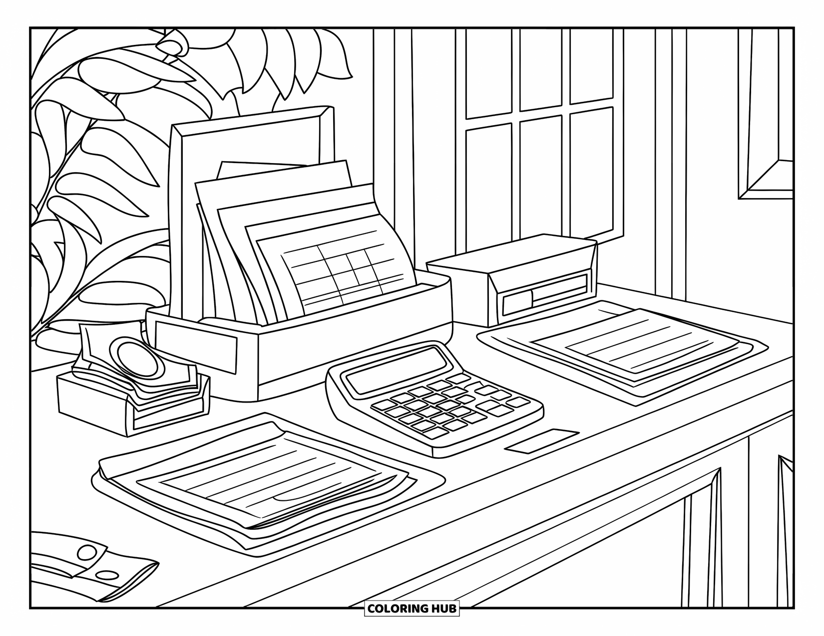 Bank Coloring Page for Kids: A clean bank desk with a calculator, coins, and forms