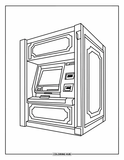 Coloriage de banque pour enfants : Un distributeur automatique carré et épuré avec un grand écran et une fente pour carte