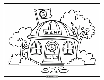 Coloriage de banque pour enfants : Une banque charmante avec des rosiers grimpants et un symbole de pièce brillant au-dessus de la porte
