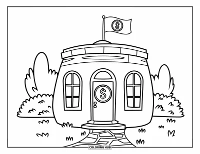 Coloriage de banque pour enfants : Une jolie petite banque avec de grandes fenêtres et un drapeau monnaie qui s'agite