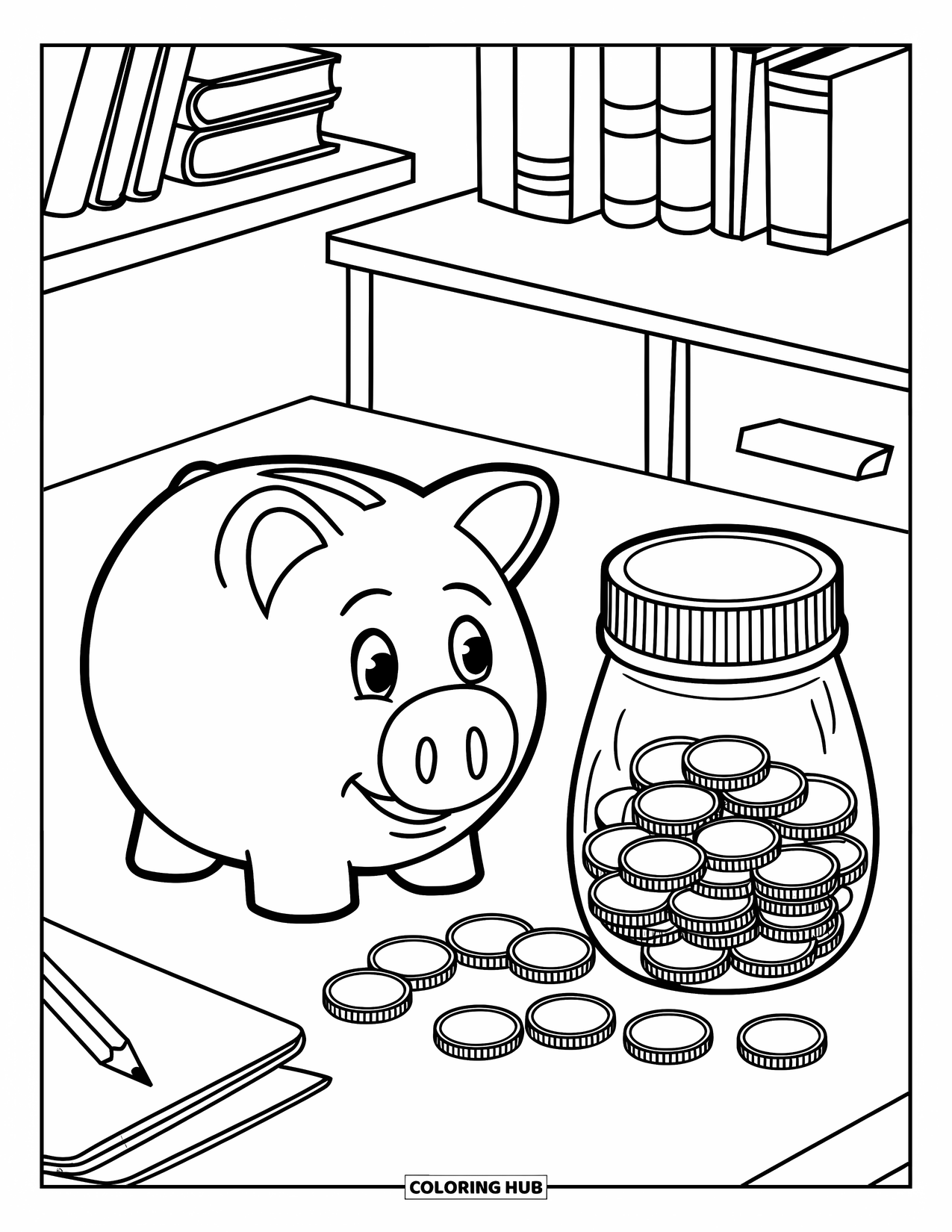 Bank Coloring Page for Kids: A cute piggy bank and coin jar sit on a neat little desk