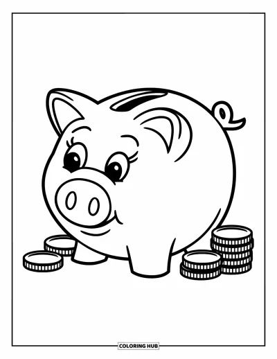 Coloriage de banque pour enfants : Une tirelire cochon mignonne avec des pièces empilées à côté