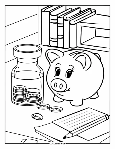 Coloriage de banque pour enfants : Un bureau avec une tirelire cochon, des pièces et un bocal plein d'économies