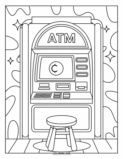 Coloriage de banque pour enfants : Un distributeur automatique convivial avec de gros boutons et une pièce brillante sur l'écran
