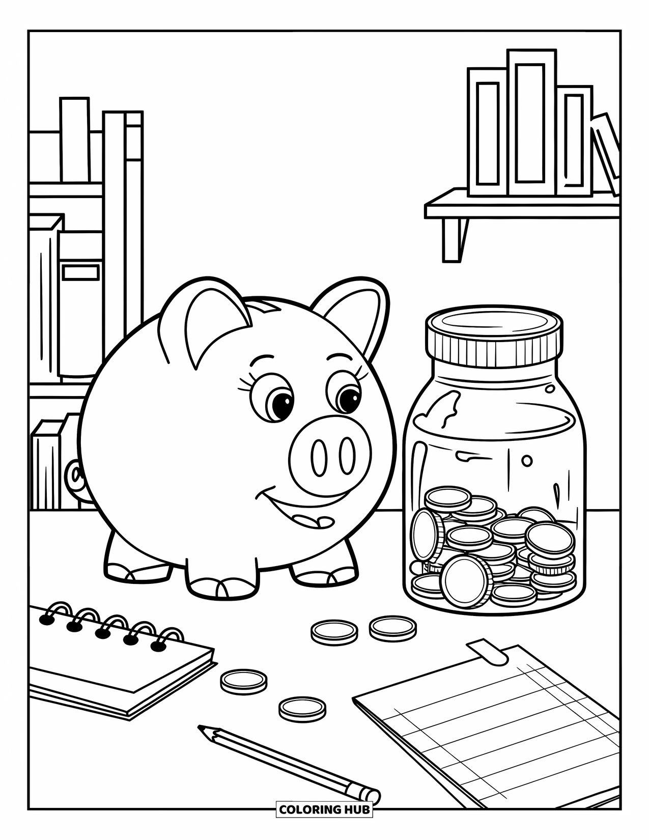 Bank Coloring Page for Kids: A fun money-saving desk with a piggy bank and a few coins