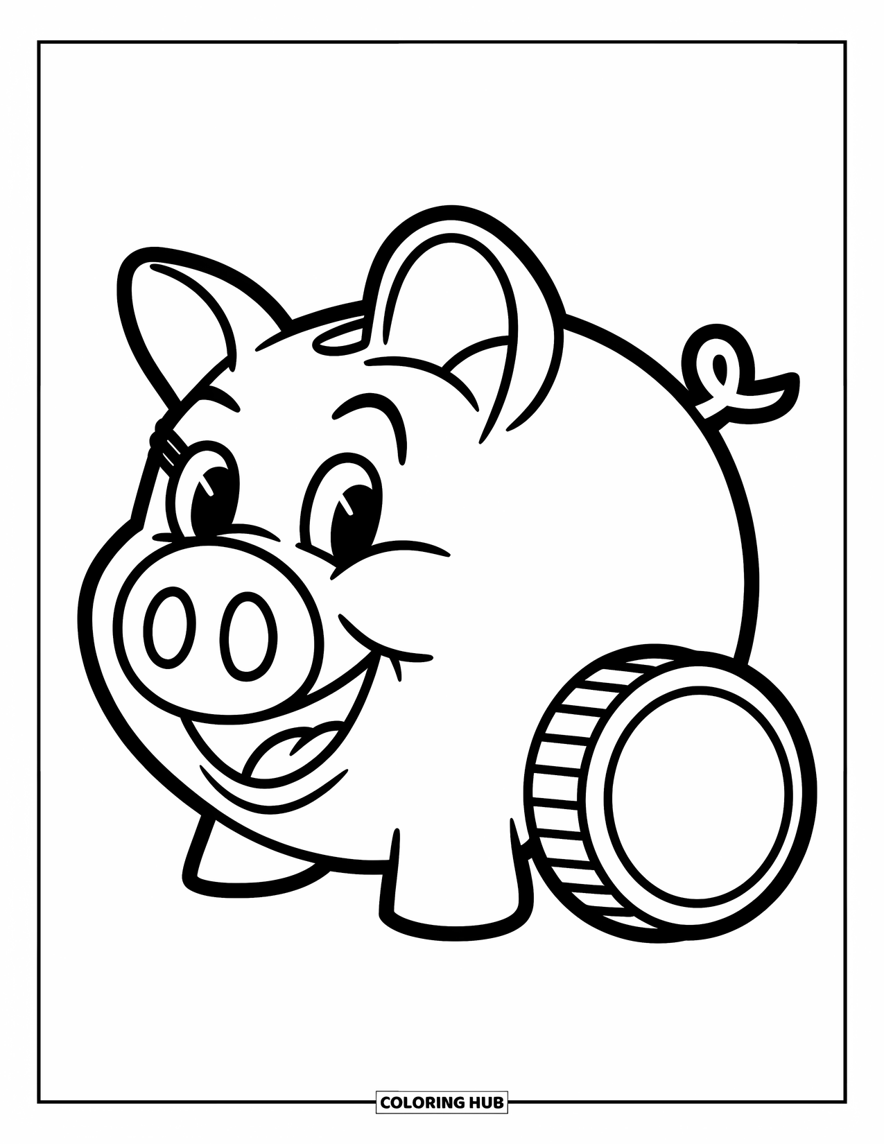 Bank Coloring Page for Kids: A happy piggy bank sits beside shiny coins