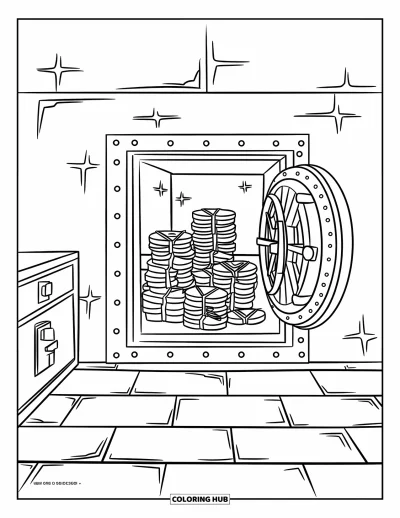 Coloriage de banque pour enfants : Une pièce pleine de billets et de pièces derrière une porte de coffre-fort en métal ouverte