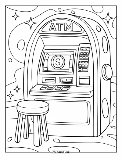 Coloriage de banque pour enfants : Un distributeur automatique arrondi avec un signe de pièce et un petit tabouret