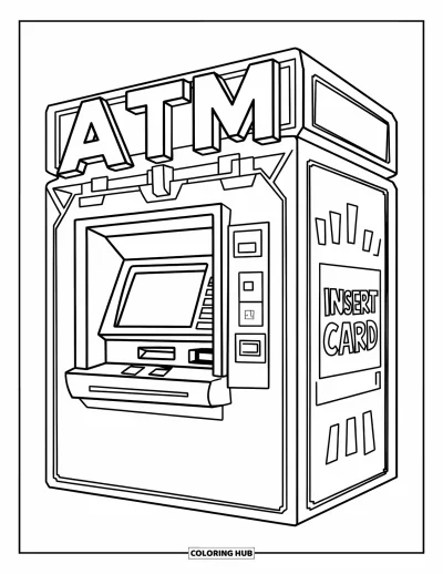 Coloriage de banque pour enfants : Un distributeur automatique simple avec des boutons bien visibles et une fente pour carte