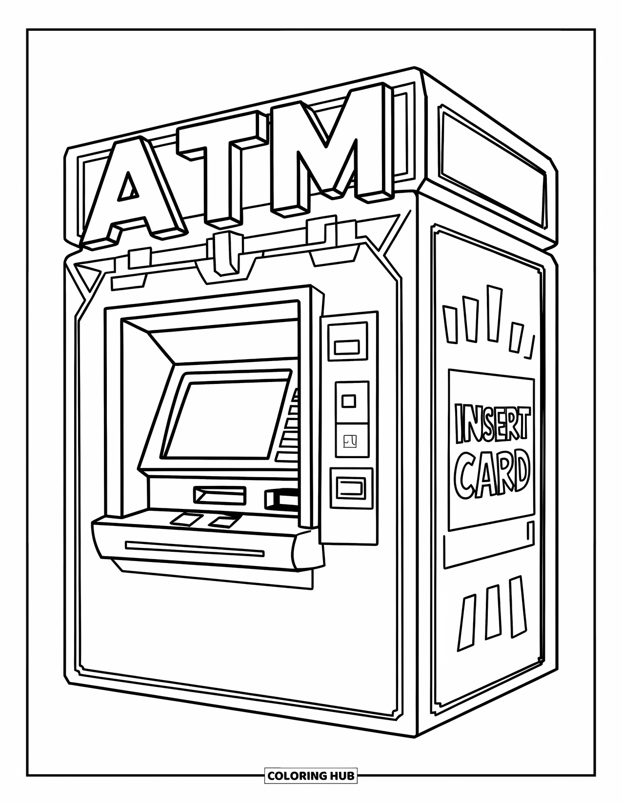 Bank Coloring Page for Kids: A simple ATM machine with clear buttons and a card slot
