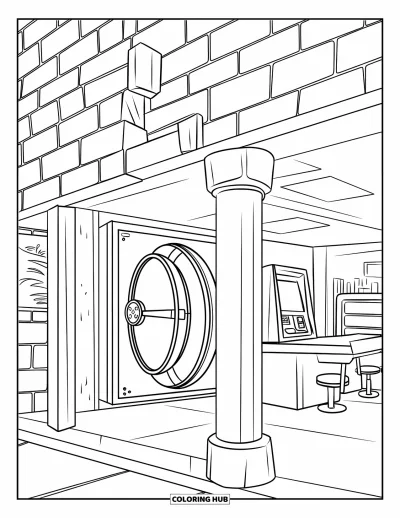 Coloriage de banque pour enfants : Une vue en coupe d'une banque avec un coffre-fort et des guichets