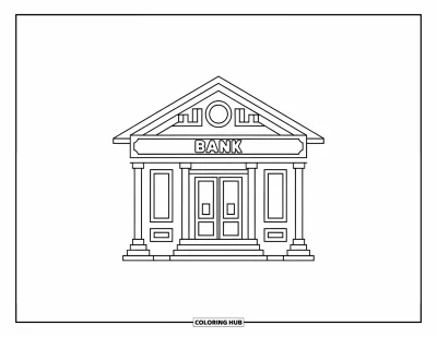 Coloriage de banque pour enfants : Un bâtiment de banque simple et joyeux, parfait pour les jeunes épargnants