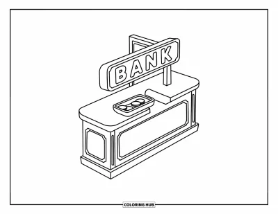 Coloriage de banque pour enfants : Un petit comptoir de banque avec un plateau et une enseigne « BANK » au-dessus