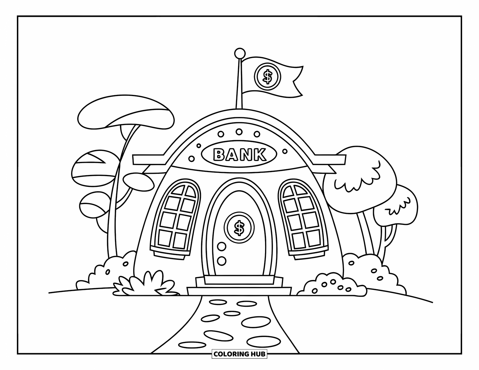 Bank Coloring Page for Kids: A small, round bank building surrounded by trees and bushes