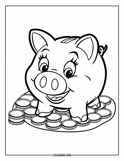 Coloriage de banque pour enfants : Une tirelire cochon souriante entourée de petites pièces