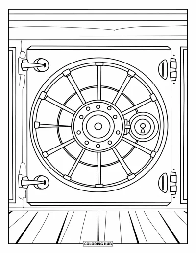 Coloriage de banque pour enfants : Une solide porte de coffre-fort avec un cadran et de robustes verrous en métal