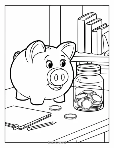 Coloriage de banque pour enfants : Un bureau bien rangé avec une tirelire cochon et des pièces prêtes à être épargnées