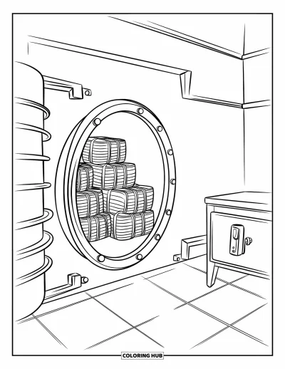 Coloriage de banque pour enfants : Une porte de coffre-fort s'ouvre sur un trésor de pièces et de billets