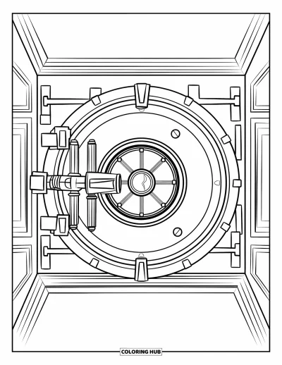 Coloriage de banque pour enfants : Une porte de coffre-fort avec des poignées et un hublot à pièces au centre