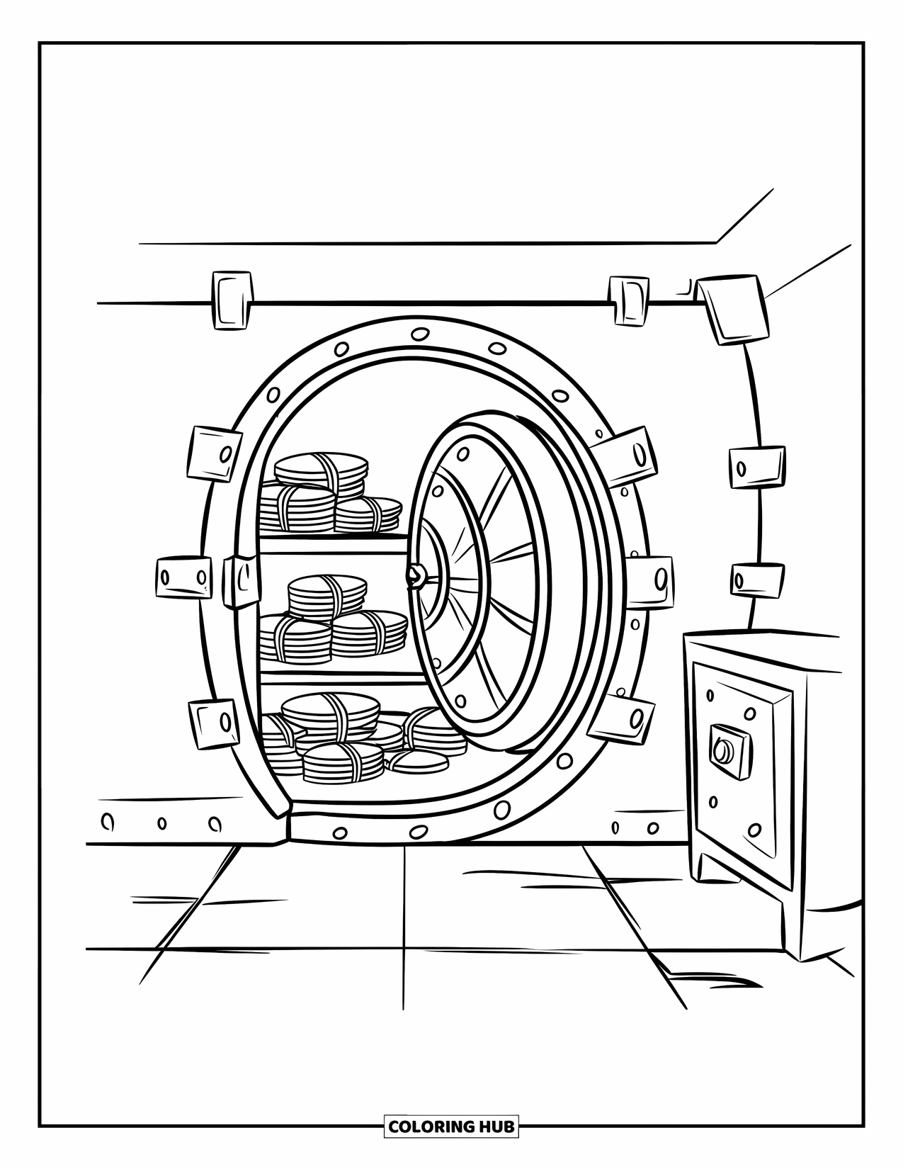 Bank Coloring Page for Kids: A vault packed with coins and bills stacked neatly inside