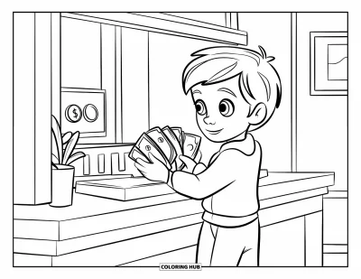 Coloriage de banque pour enfants : Un jeune client debout au guichet tenant ses économies