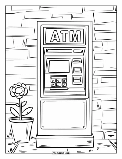 Coloriage de banque pour enfants : Un distributeur automatique contre un mur en briques avec un pot de fleurs à côté