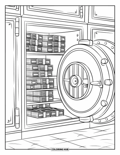 Coloriage de banque pour enfants : Un coffre-fort ouvert révèle des liasses d'argent bien rangées et des boîtes