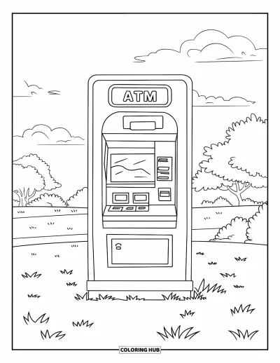 Coloriage de banque pour enfants : Un distributeur automatique en plein air sur l'herbe sous un ciel ensoleillé