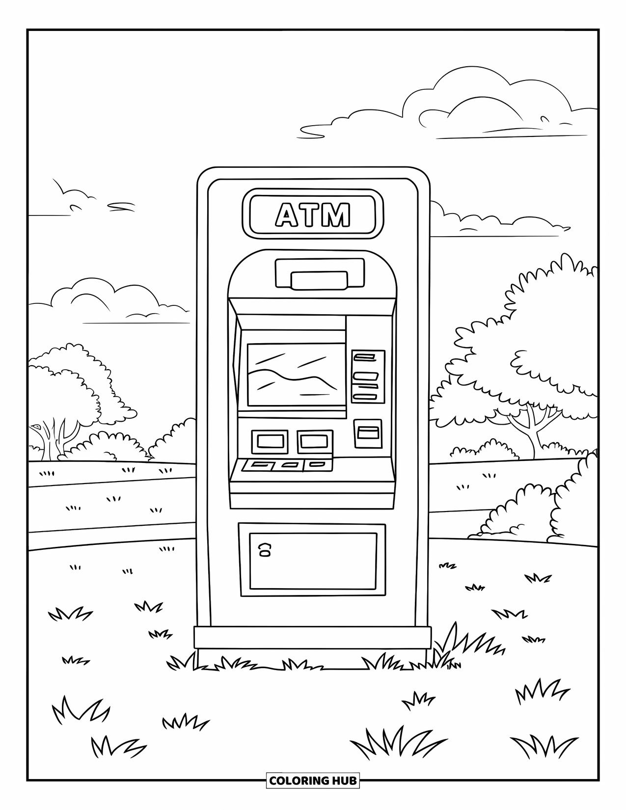Bank Coloring Page for Kids: An outdoor ATM stands on the grass under a sunny sky