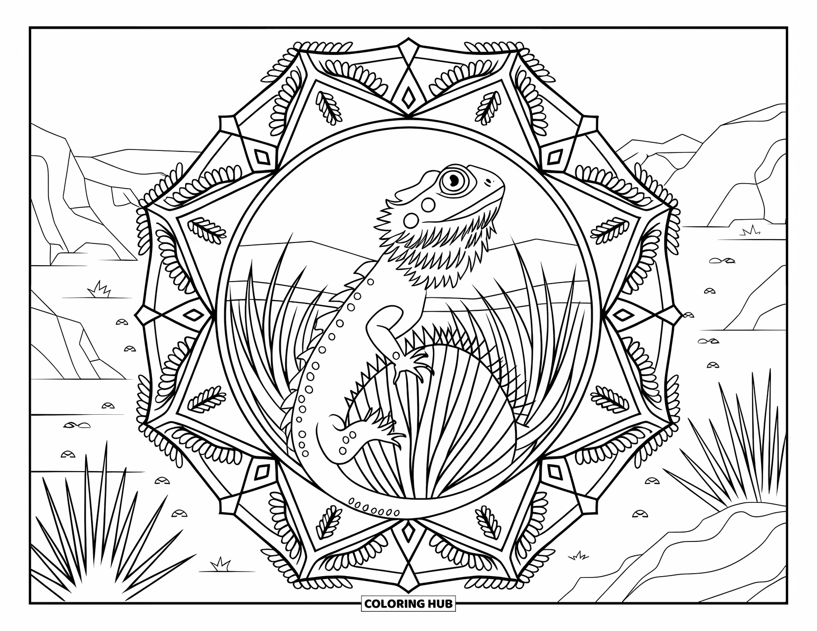 Bearded Dragon Coloring Page for Adults: A bearded dragon sits on a cactus inside a circular mandala of desert plants