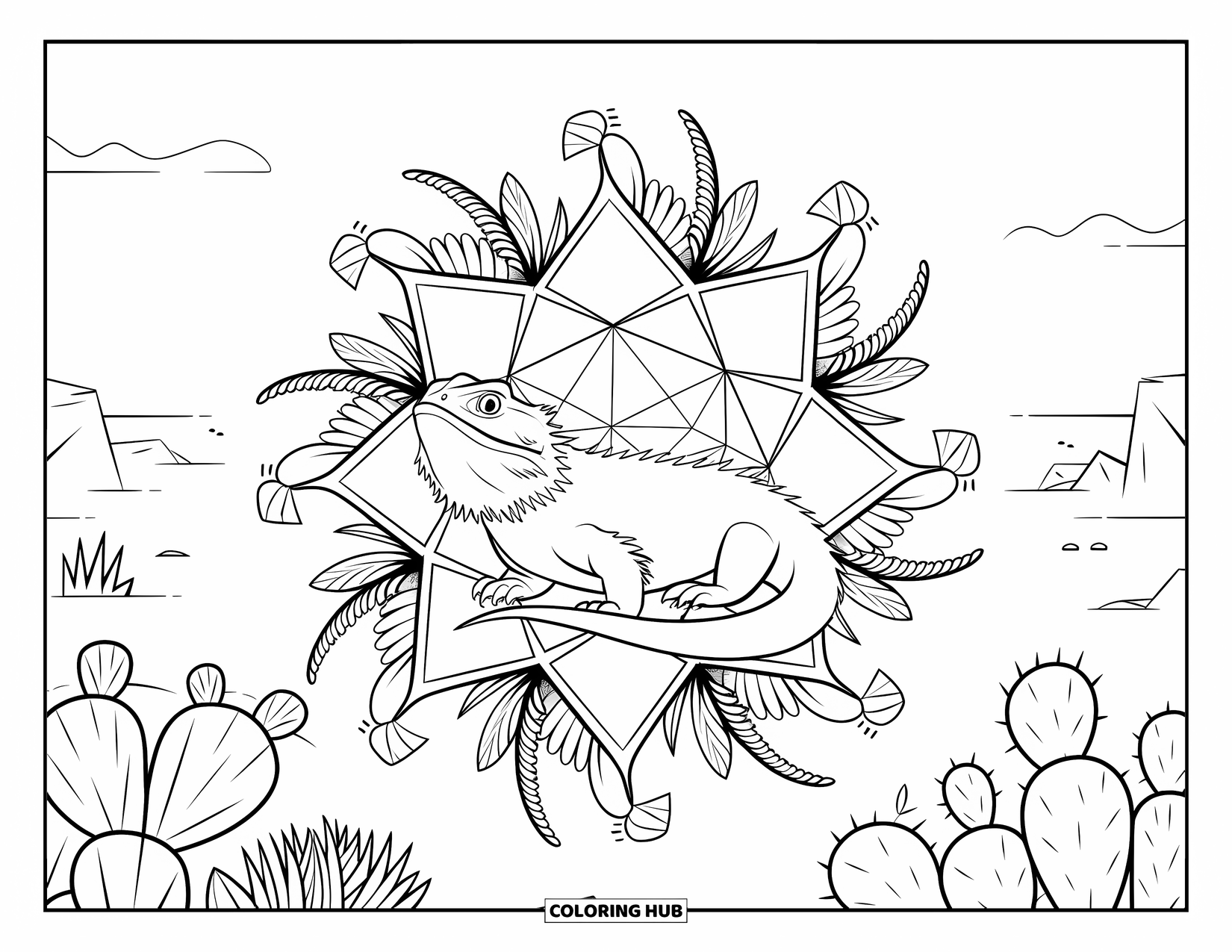 Bearded Dragon Coloring Page for Adults: A bearded dragon sits on a mandala ringed with cacti and a desert landscape