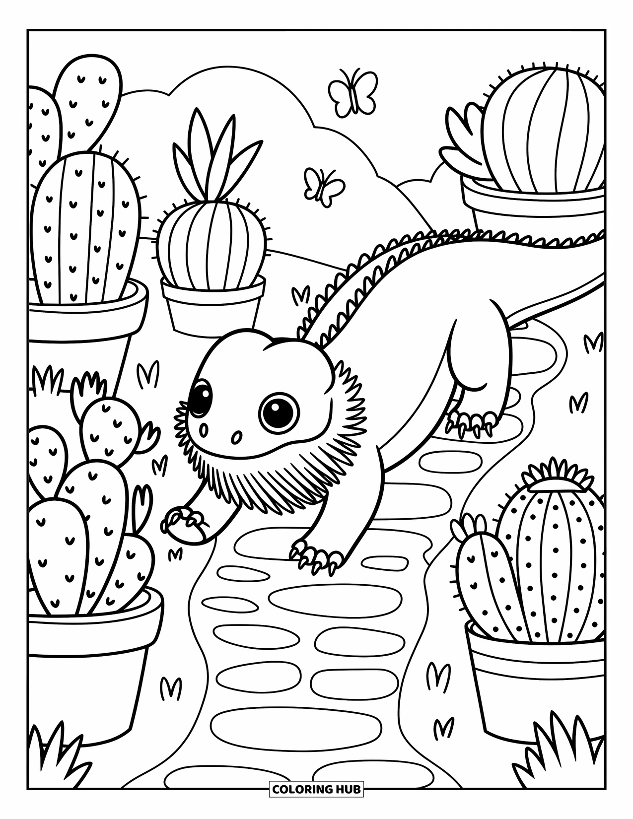 Bearded Dragon Coloring Page for Adults: A bearded dragon tiptoes through potted cacti and succulents in a tiny garden