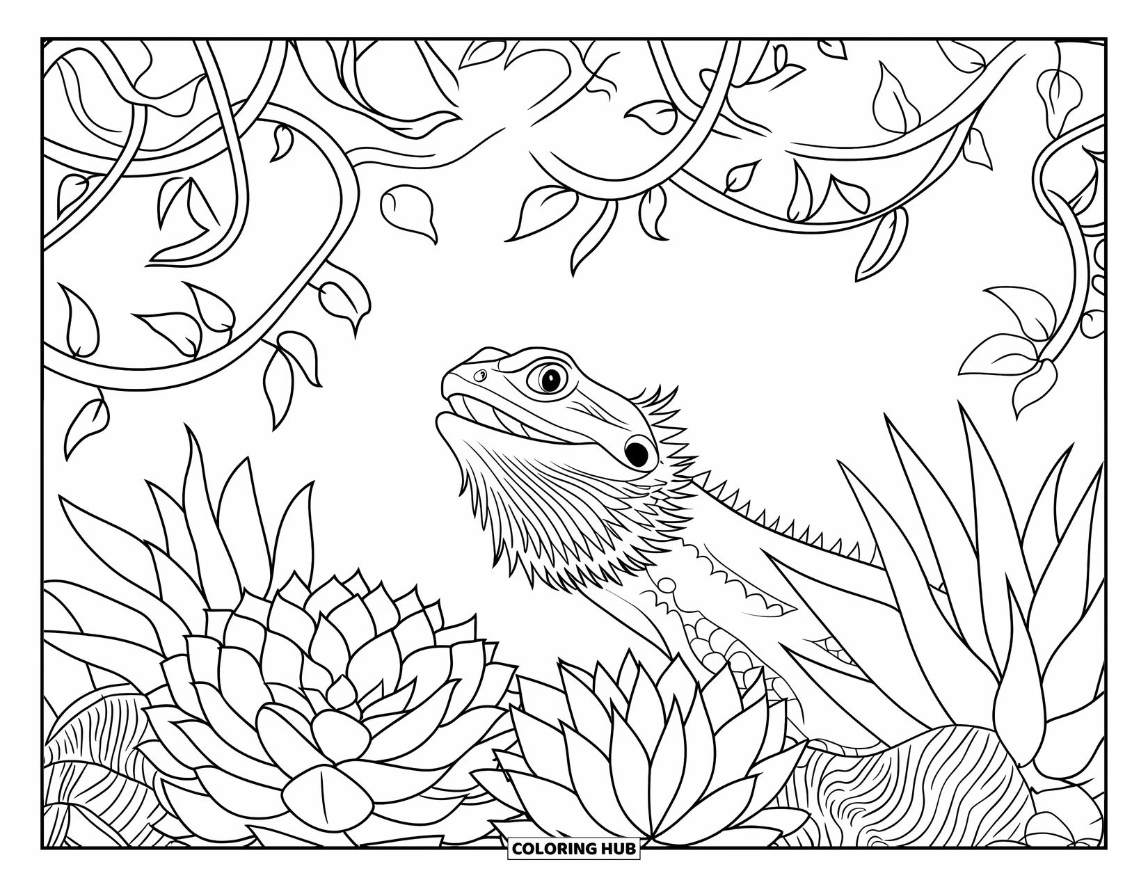 Bearded Dragon Coloring Page for Adults: A bearded dragon with its mouth open is surrounded by succulents and leafy vines