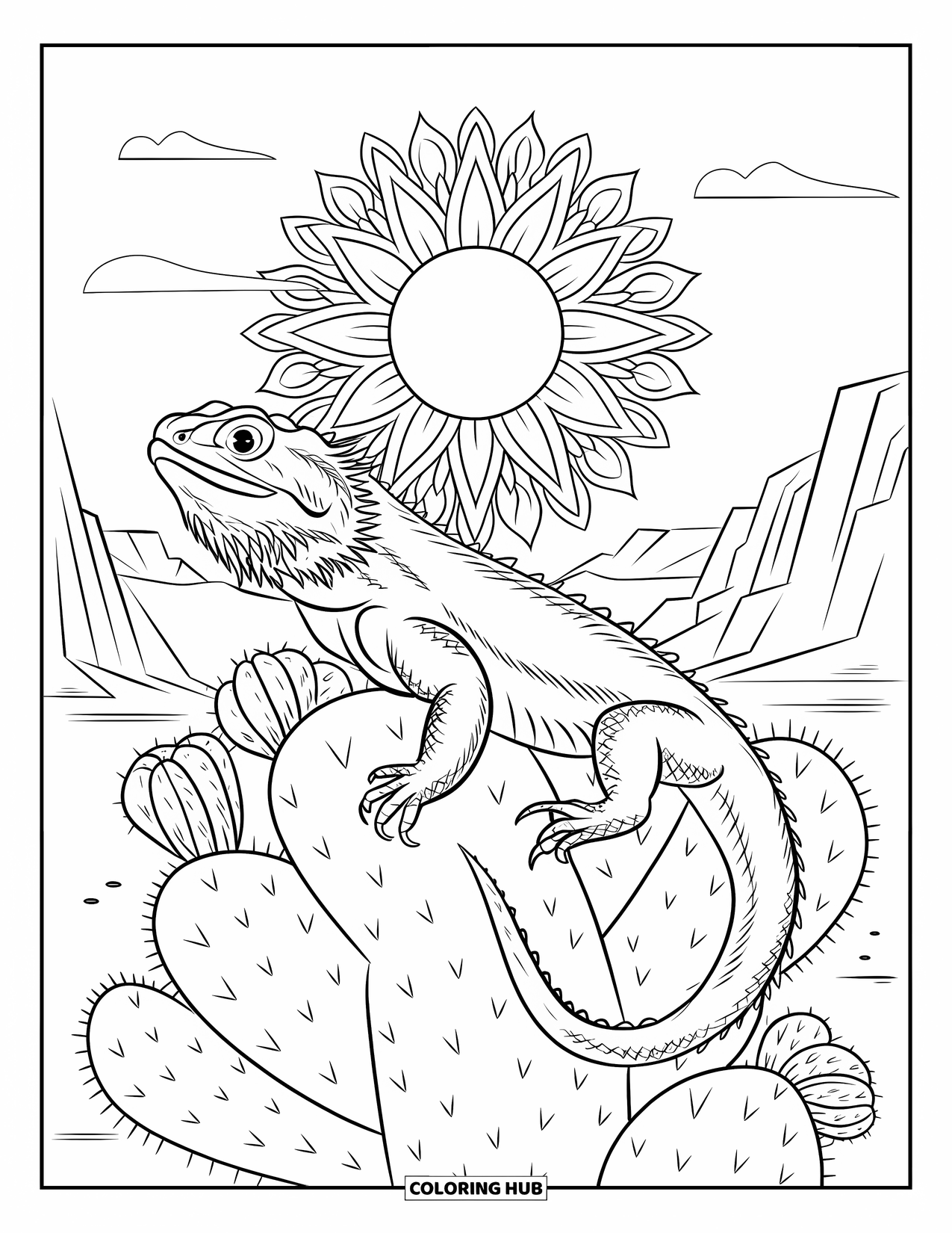 Bearded Dragon Coloring Page for Adults: A dragon rests on a blooming cactus under a mandala sun and cloudy sky