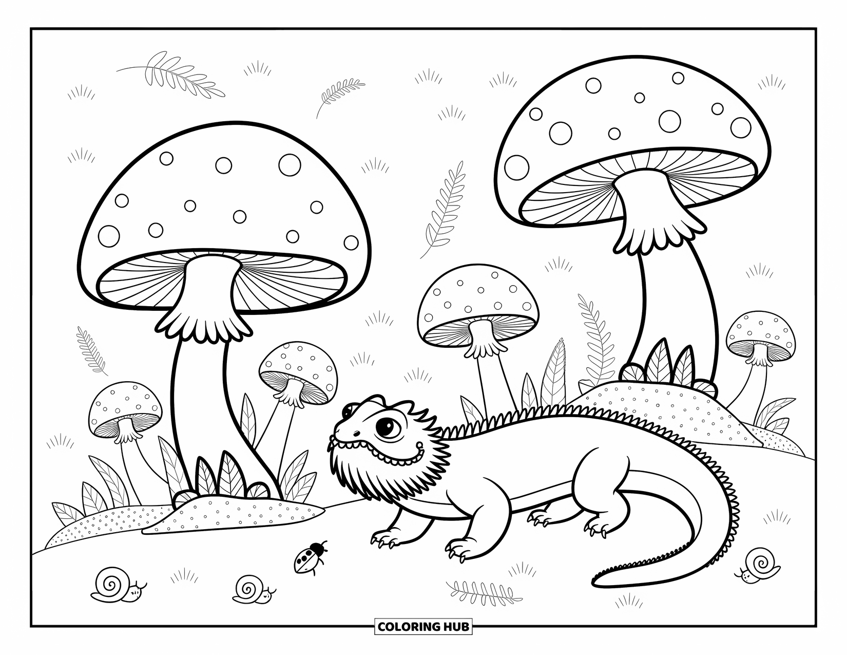 Bearded Dragon Coloring Page for Adults: A dragon strolls through a garden of huge mushrooms, snails, and playful leaves