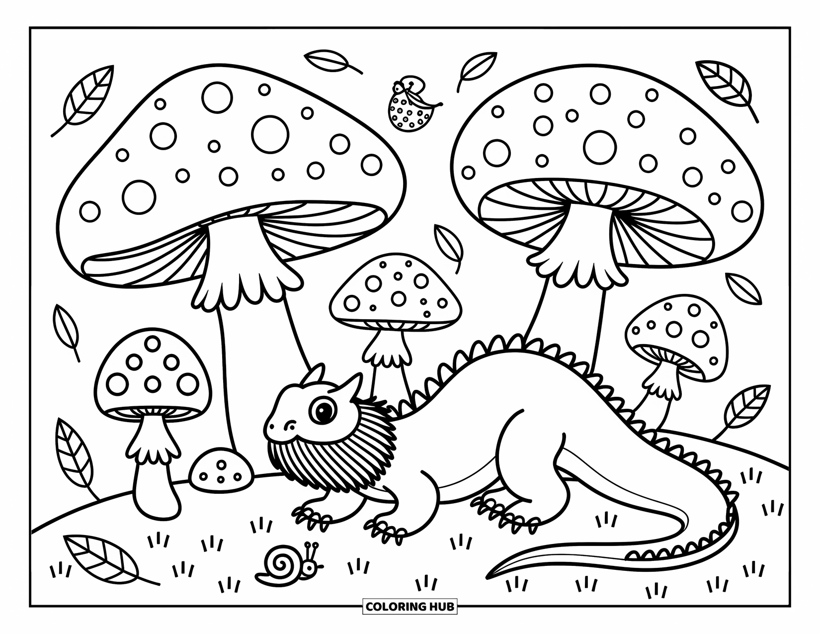 Bearded Dragon Coloring Page for Adults: A dragon walks slowly among leaning mushrooms, snails, and a ladybug in a soft garden