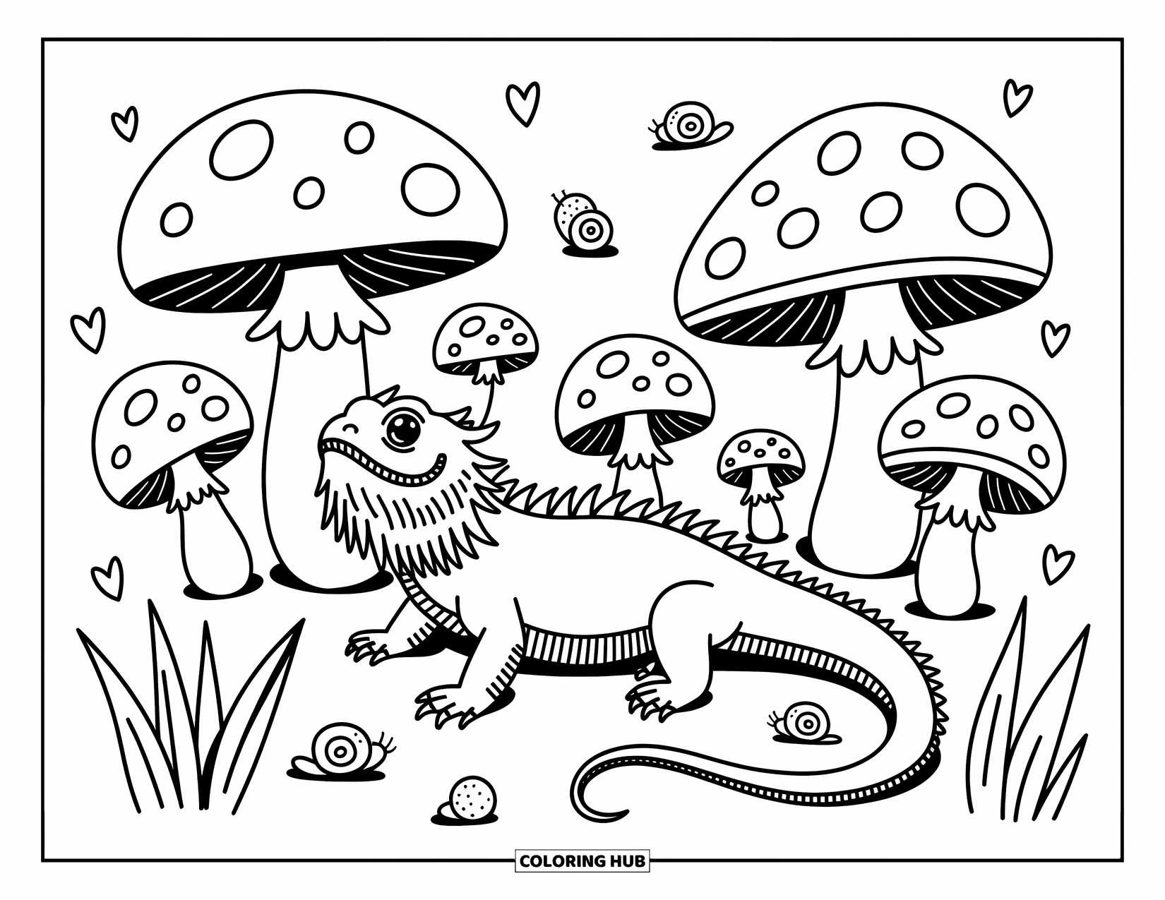 Bearded Dragon Coloring Page for Adults: A gentle dragon strolls past dotted mushrooms, leaves, and tiny forest creatures