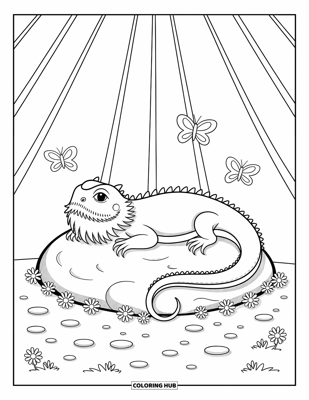 Bearded Dragon Coloring Page for Adults: A peaceful dragon lounges on a rock surrounded by wildflowers and warm sunlight
