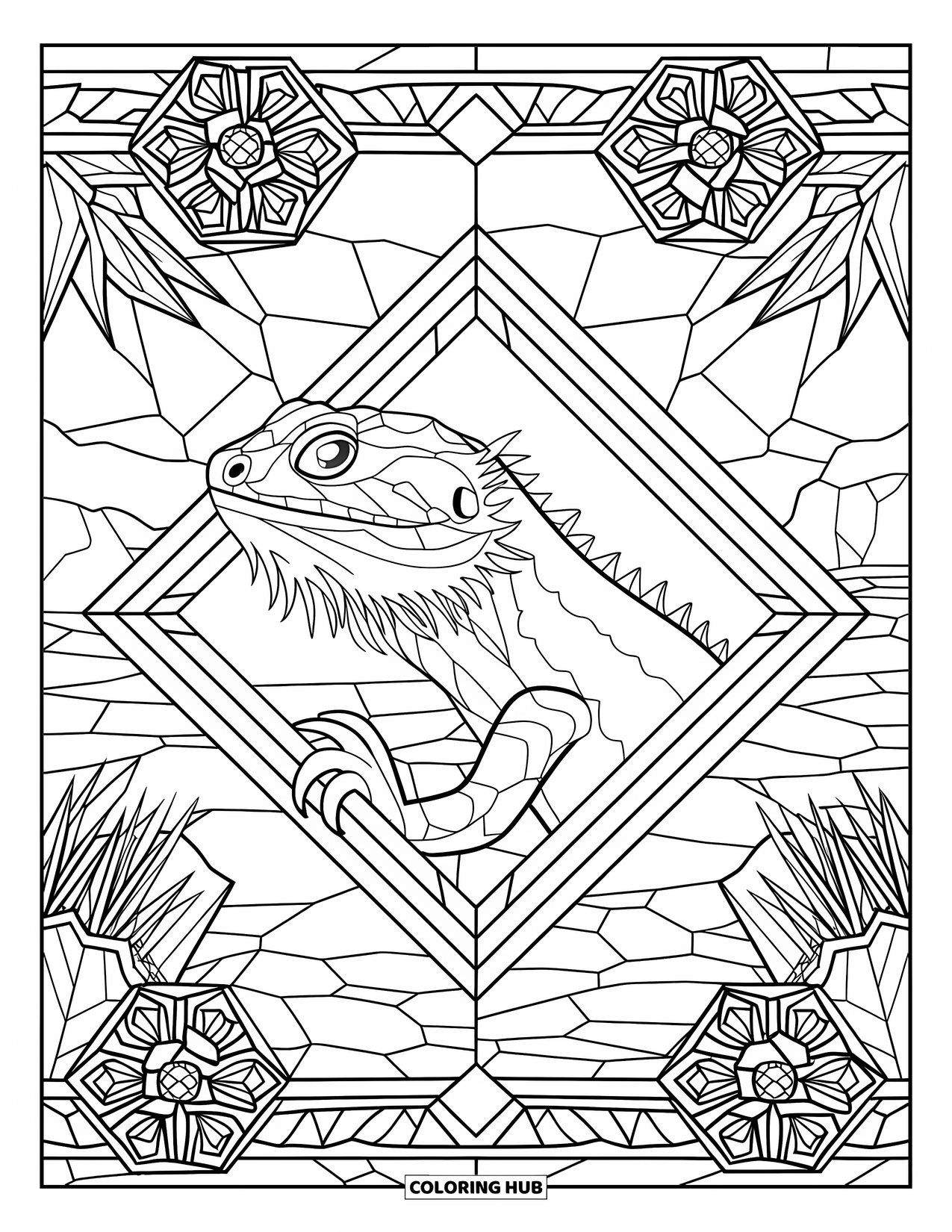 Bearded Dragon Coloring Page for Adults: A peaceful dragon sits in a stained-glass frame surrounded by patterned desert flowers
