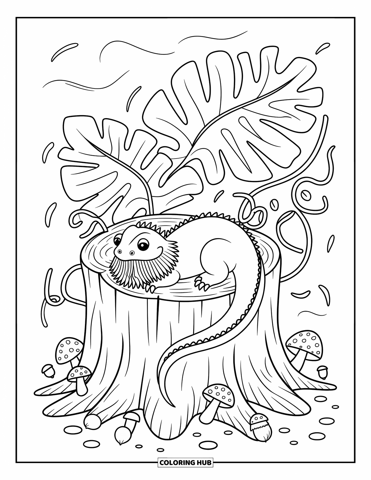 Bearded Dragon Coloring Page for Adults: A peaceful dragon sleeps in a hollow stump under leaves, mushrooms, and curling vines
