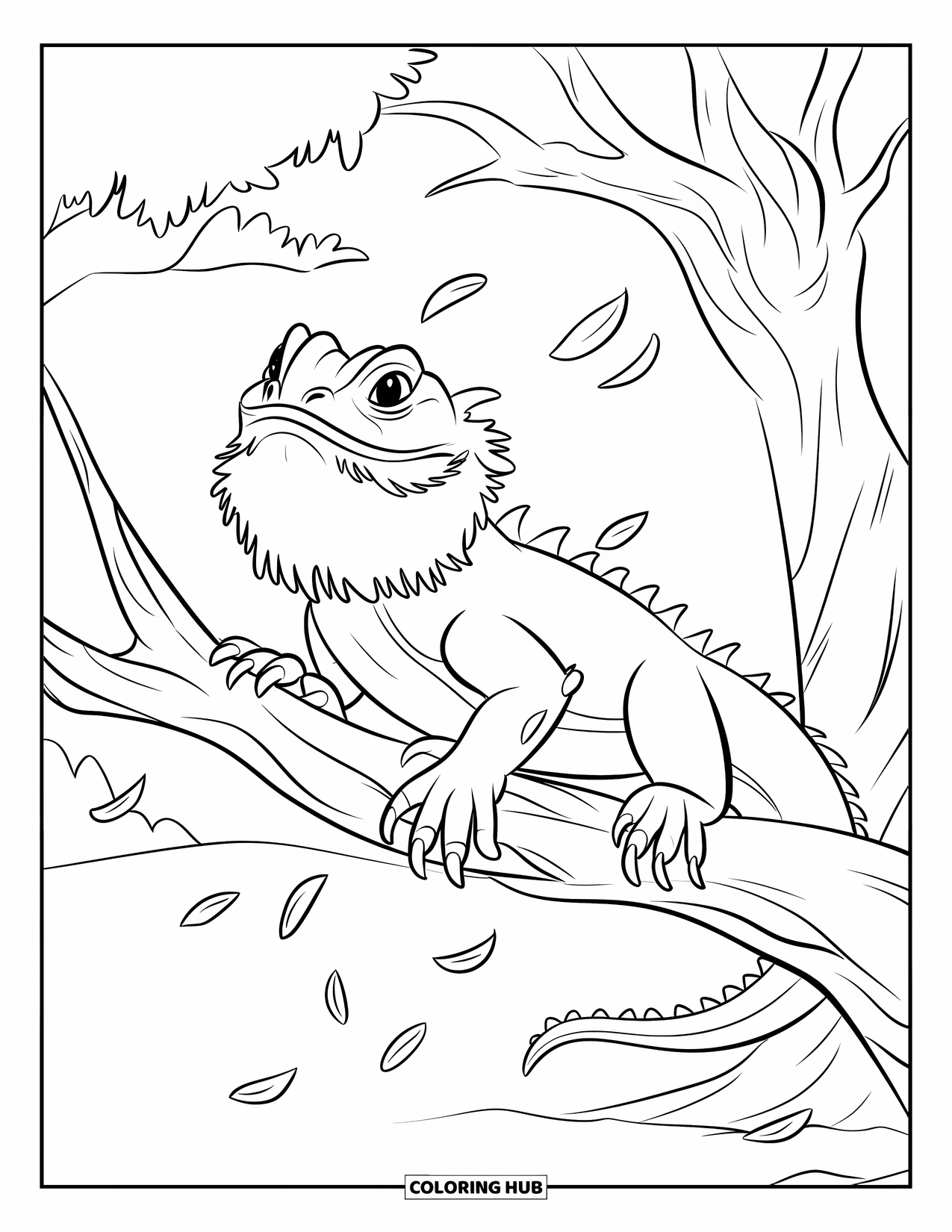 Bearded Dragon Coloring Page for Kids: A bearded dragon clings to a tree branch with wind-blown leaves around