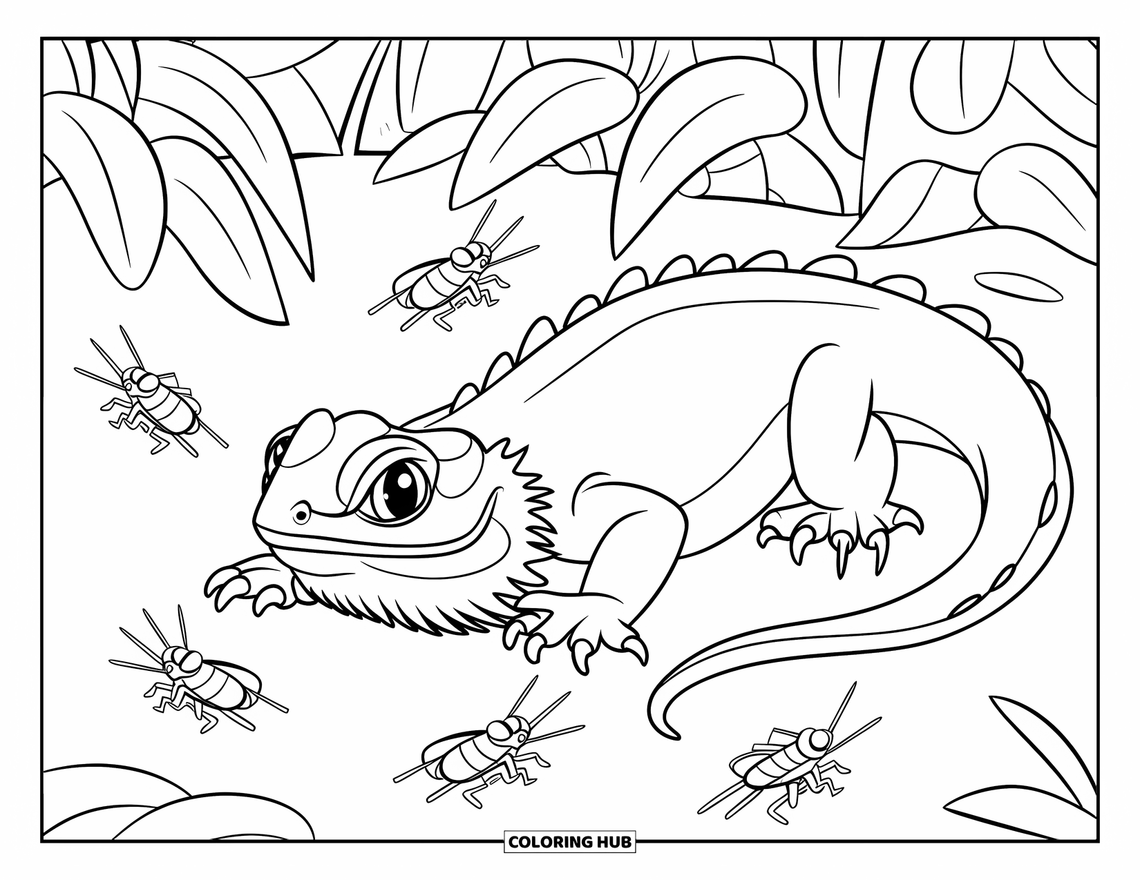 Bearded Dragon Coloring Page for Kids: A bearded dragon eyes nearby crickets in front of a leafy background
