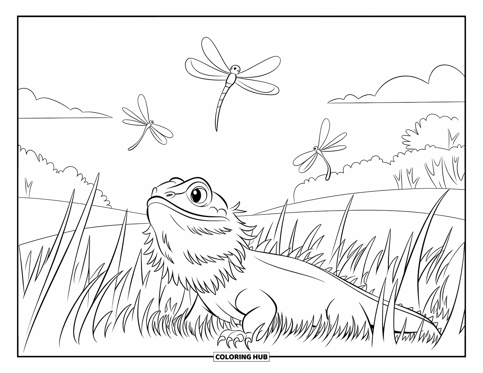 Bearded Dragon Coloring Page for Kids: A bearded dragon hides in grass with dragonflies above and hills beyond