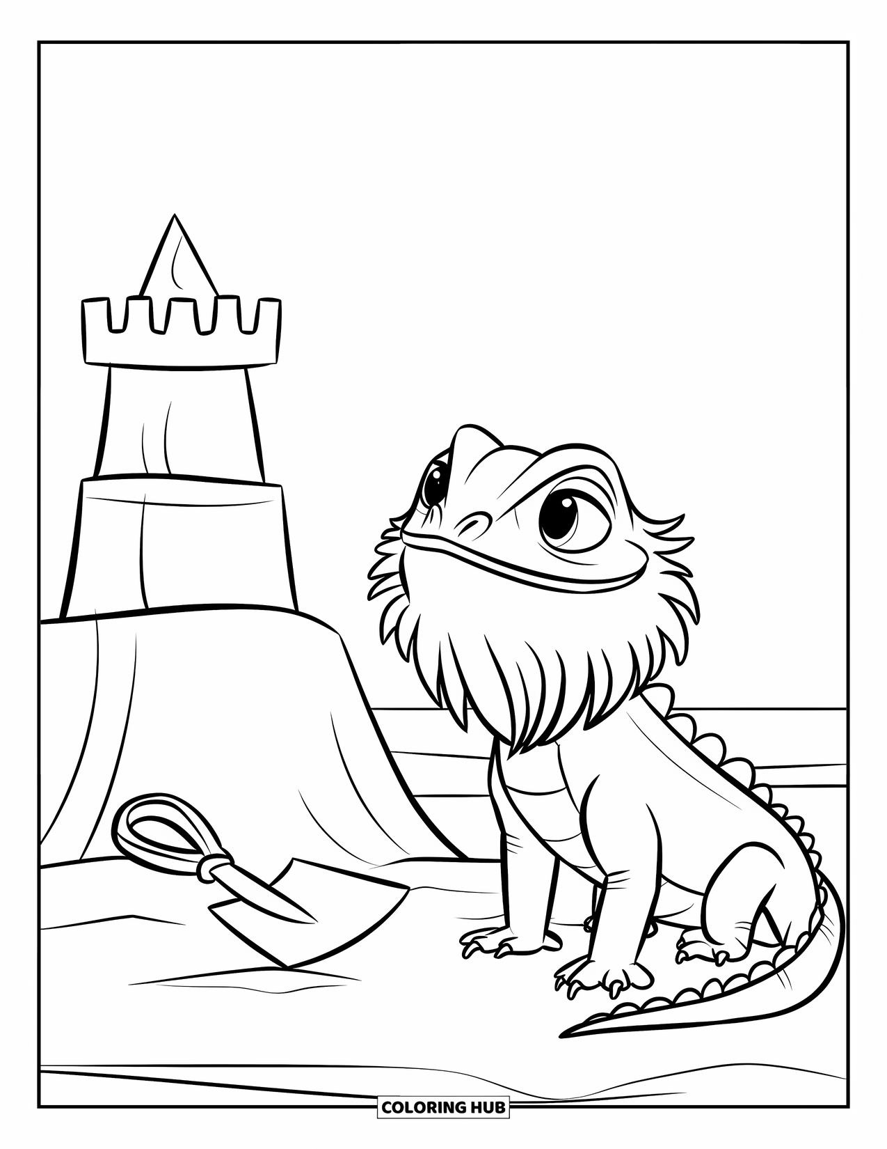 Bearded Dragon Coloring Page for Kids: A bearded dragon lounges beside a sandcastle and shovel in the sand